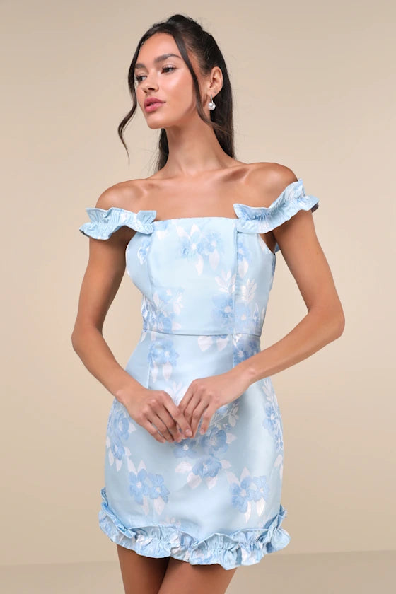 Pop the Bottle Light Blue Floral Jacquard Ruffled Mini Dress
