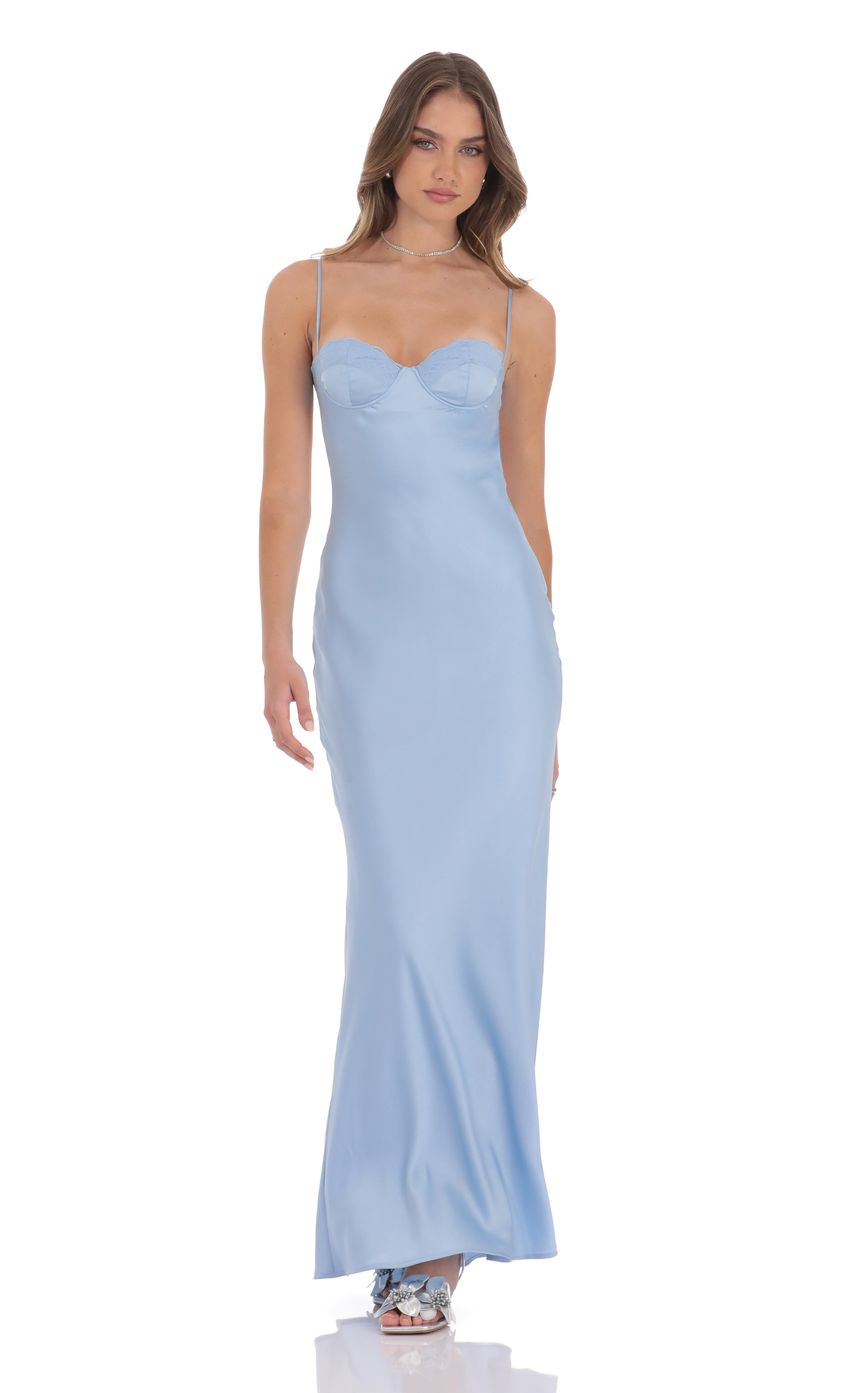 Open Back Satin Maxi Dress in Light Blue