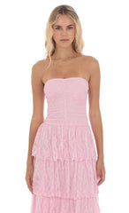 Lace Ruched Ruffle Maxi Dress in Pink