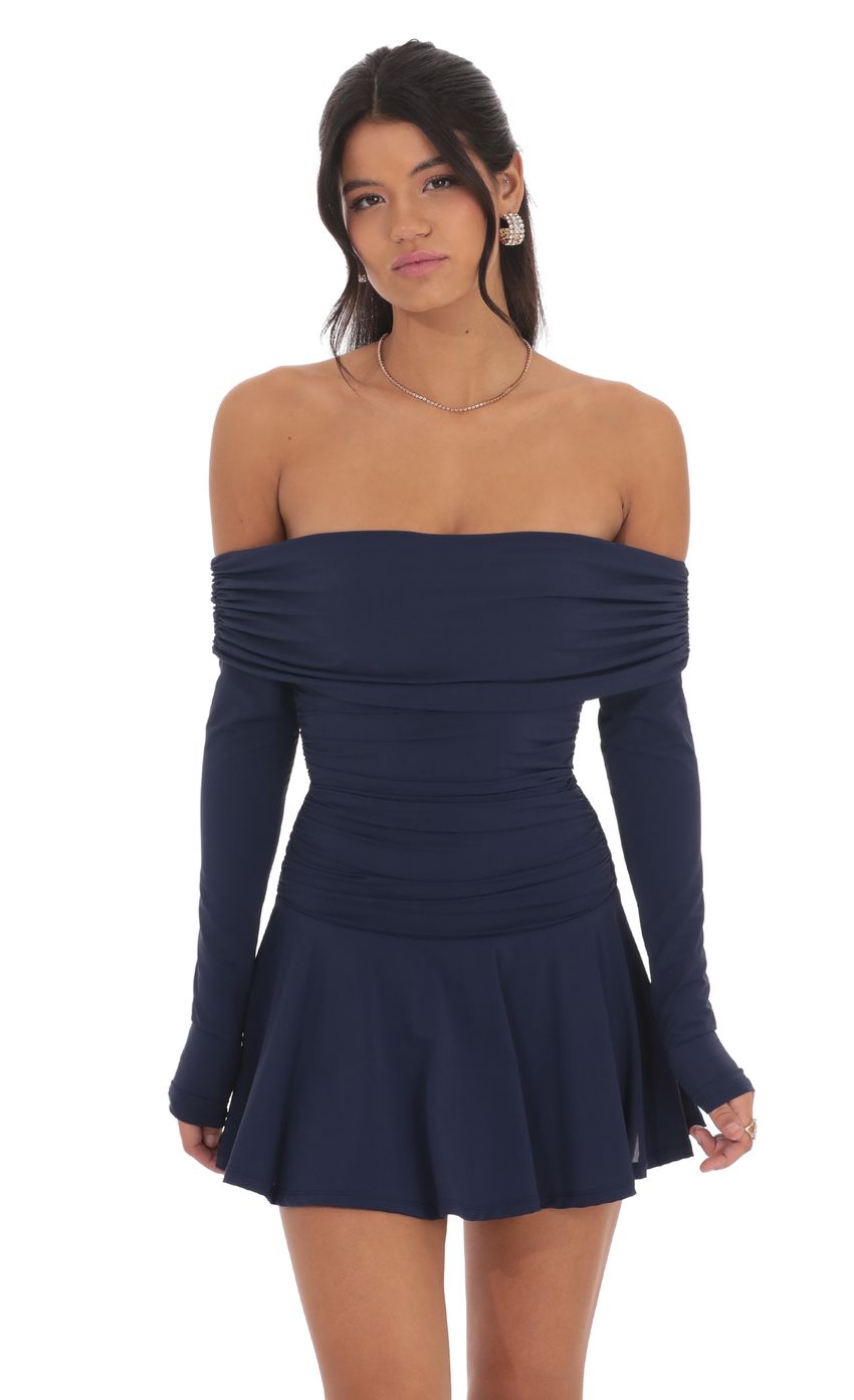 Off Shoulder Ruched Flare Dress in Navy
