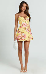 Marianna Mini Dress Floral Print V Neck Fit and Flare Dress in Yellow