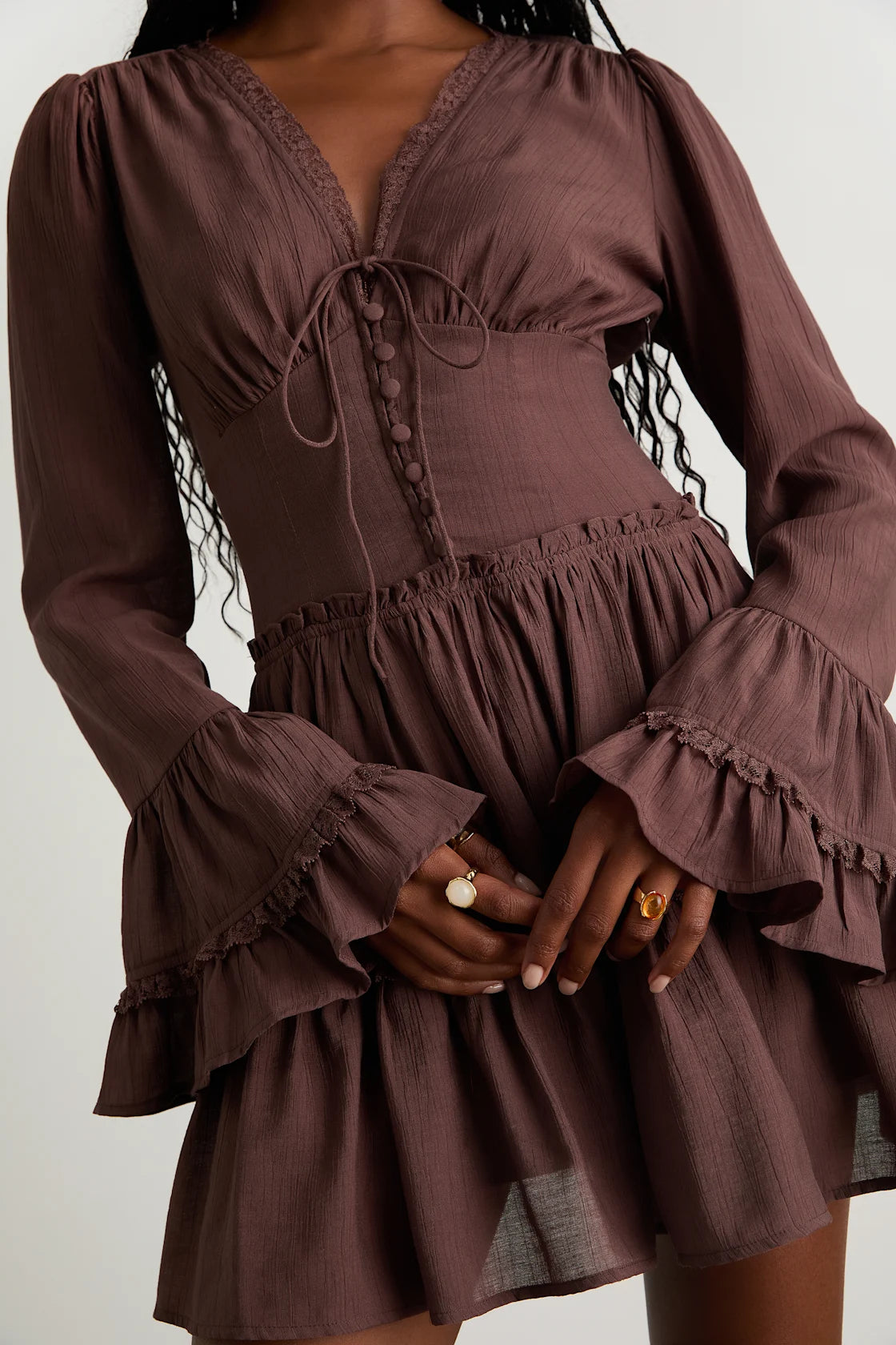 Ayaana Brown Long Sleeve Tiered Mini Dress