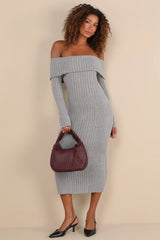 Dazzling Comfort Grey Rhinestone Off-the-Shoulder Sweater Dress