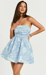 Laure Mini Dress Strapless Jacquard Dress in Blue