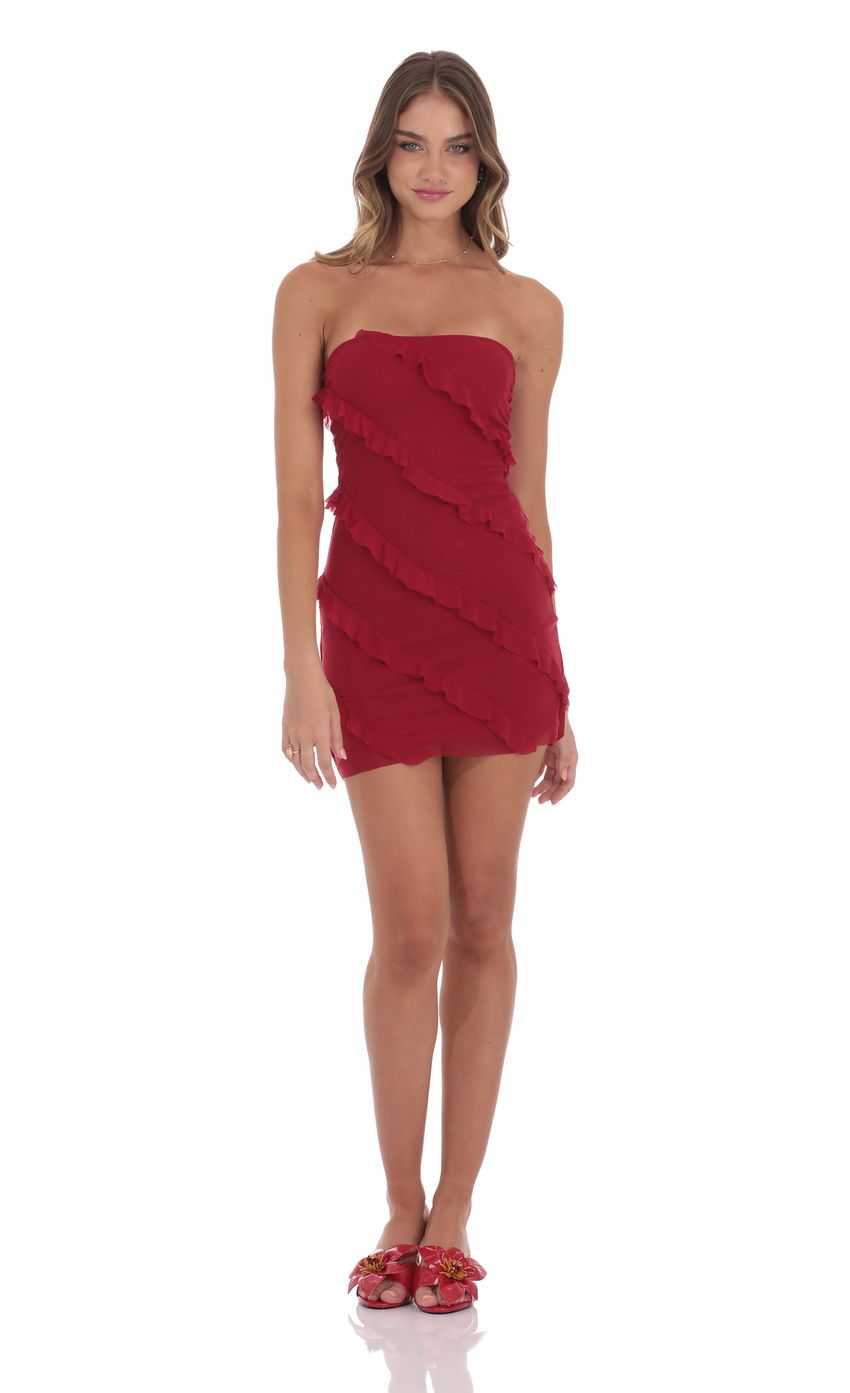 Mesh Strapless Ruffle Dress in Red