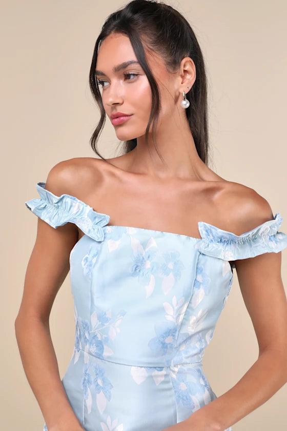 Pop the Bottle Light Blue Floral Jacquard Ruffled Mini Dress