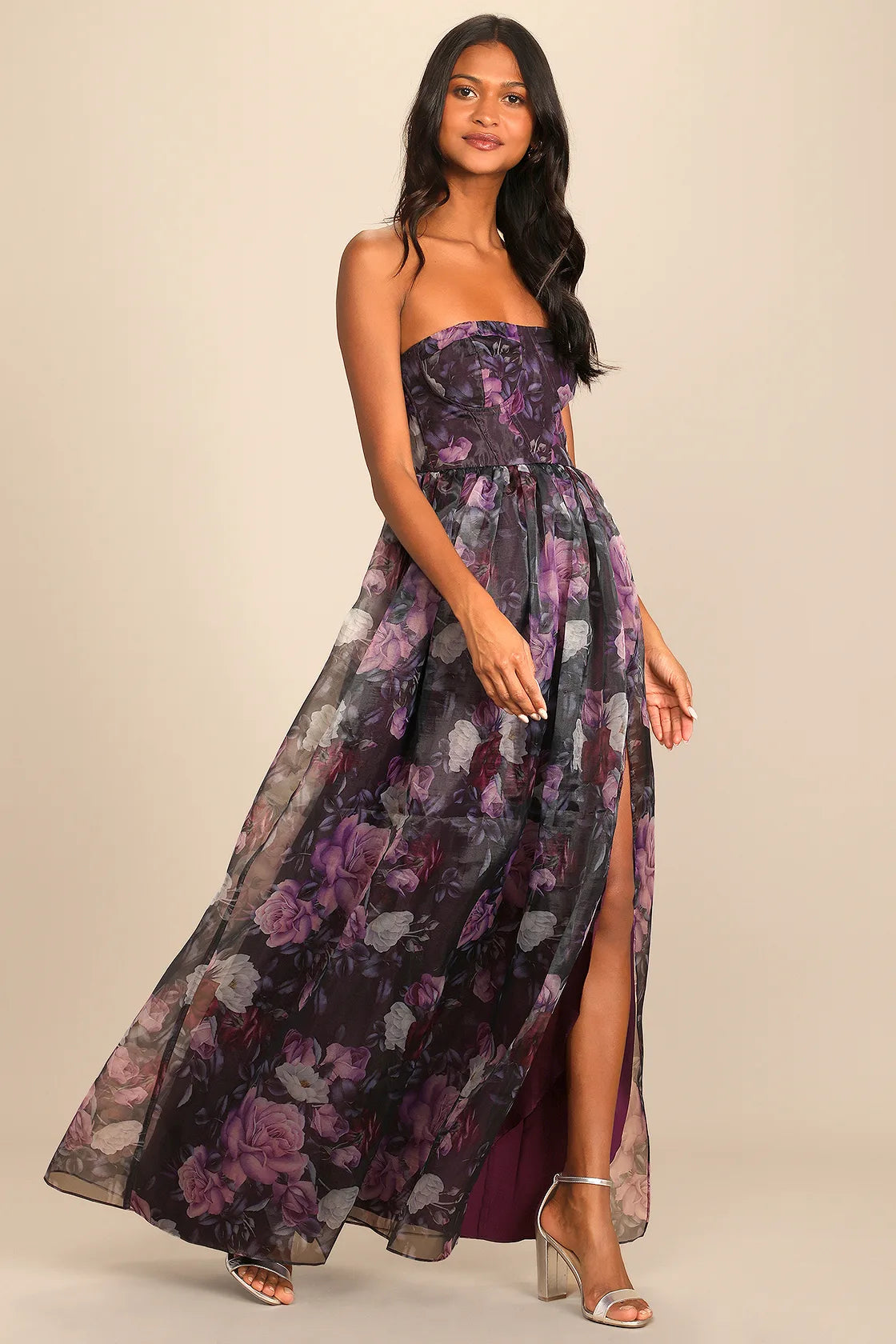 Wonderful Waltz Green Floral Print Strapless Bustier Maxi Dress