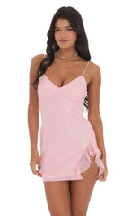 Sequin Ruffle Slit V-Neck Dress in Baby Pink