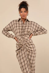 Seasonal Spirit Navy Blue Plaid Ruched Long Sleeve Midi Dress