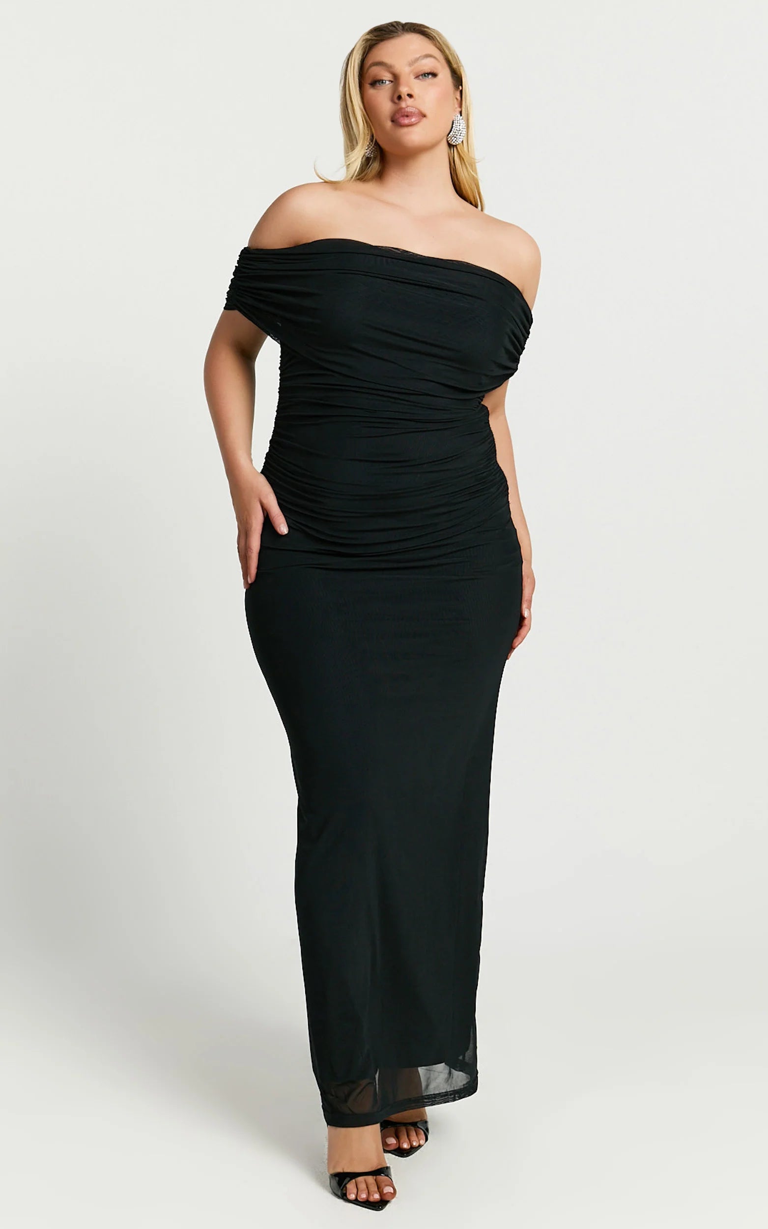 Ruched Off Shoulder Mesh Dress in Black