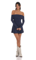 Off Shoulder Ruched Flare Dress in Navy