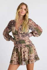 Ismini Beige Multi Patchwork Long Sleeve Mini Dress