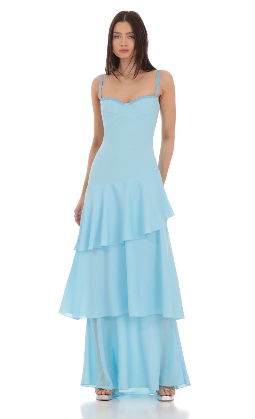 Long Ruffle Maxi Dress in Light Blue
