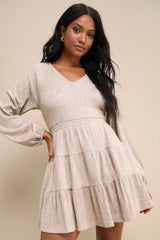 Adorable Option Heather Beige Long Sleeve Mini Sweater Dress