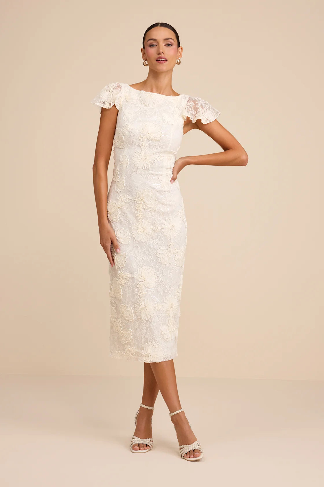 Kenna Ivory Lace Flutter Sleeve Midi Dress