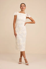 Kenna Ivory Lace Flutter Sleeve Midi Dress