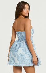 Laure Mini Dress Strapless Jacquard Dress in Blue