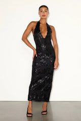 Adelia Black Lace Sequin Plunging Maxi Dress