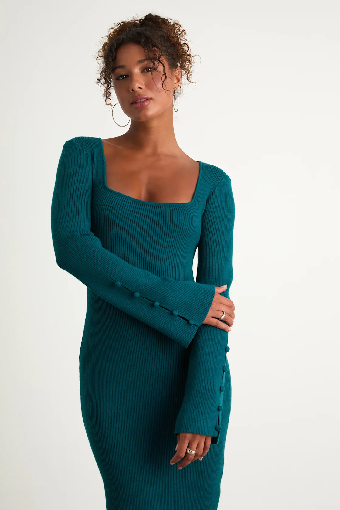 Classy Attitude Emerald Ribbed Square Neck Midi Sweater Dress
