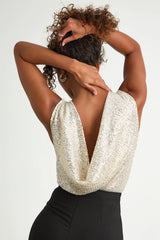 Evening of Wonder Silver Sequin Cowl Back Bodysuit