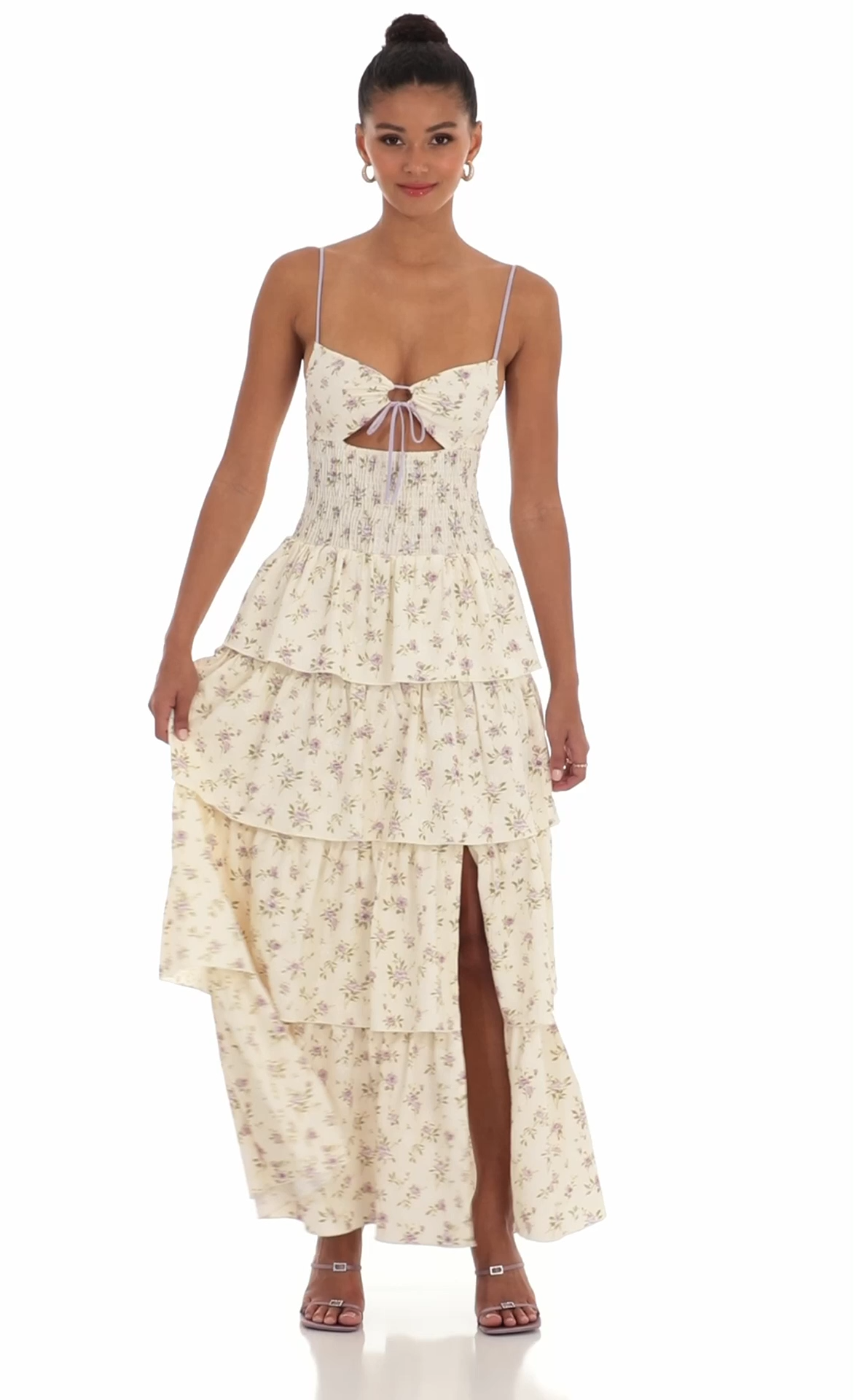 Floral Cutout Ruffle Maxi Dress in Cream