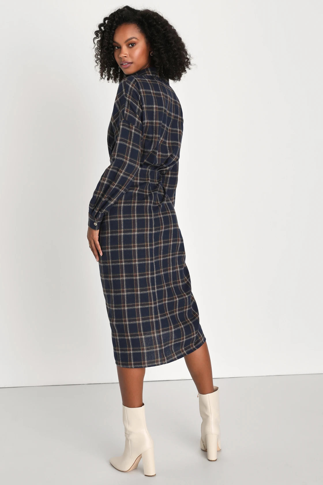 Seasonal Spirit Navy Blue Plaid Ruched Long Sleeve Midi Dress