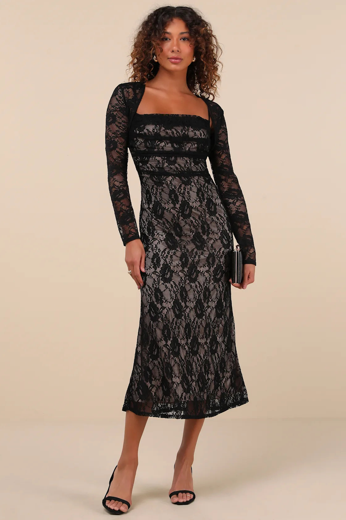 Certainly Iconic Burgundy Lace Midi Dress and Shrug Set