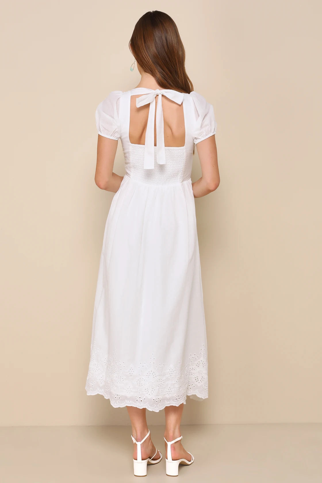 Stylish Merriment White Puff Sleeve Embroidered Midi Dress