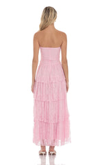 Lace Ruched Ruffle Maxi Dress in Pink