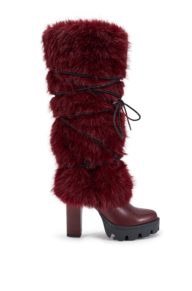 AZALEA WANG CYRENE BURGUNDY FUR BLOCK HEEL BOOT