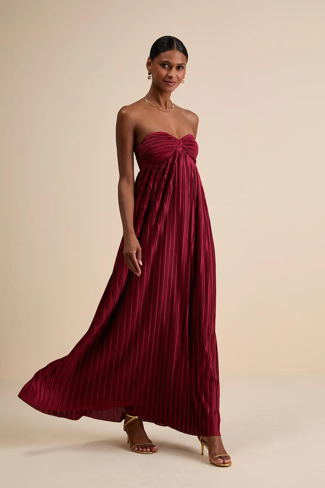 Whimsical Beauty Emerald Green Satin Plisse Strapless Maxi Dress