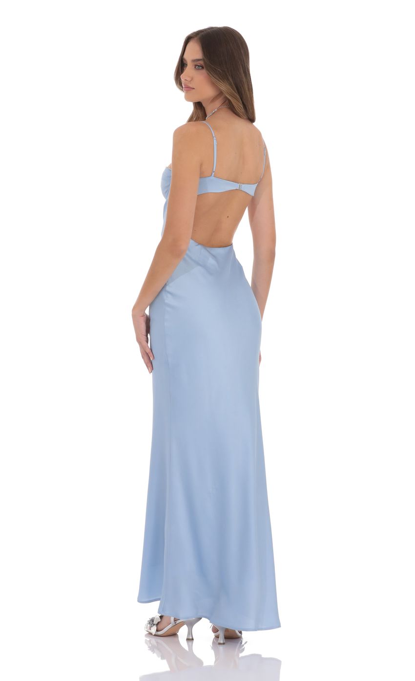 Open Back Satin Maxi Dress in Light Blue