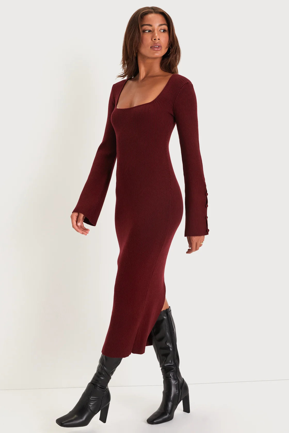 Classy Attitude Emerald Ribbed Square Neck Midi Sweater Dress