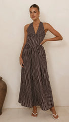 Rachel Tie Back Maxi Dress - Chocolate/White Spot