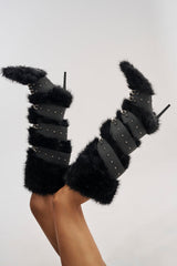 AKIRA GOLD DARIO BLACK FUR WITH STRAPS KNEE HIGH BOOT
