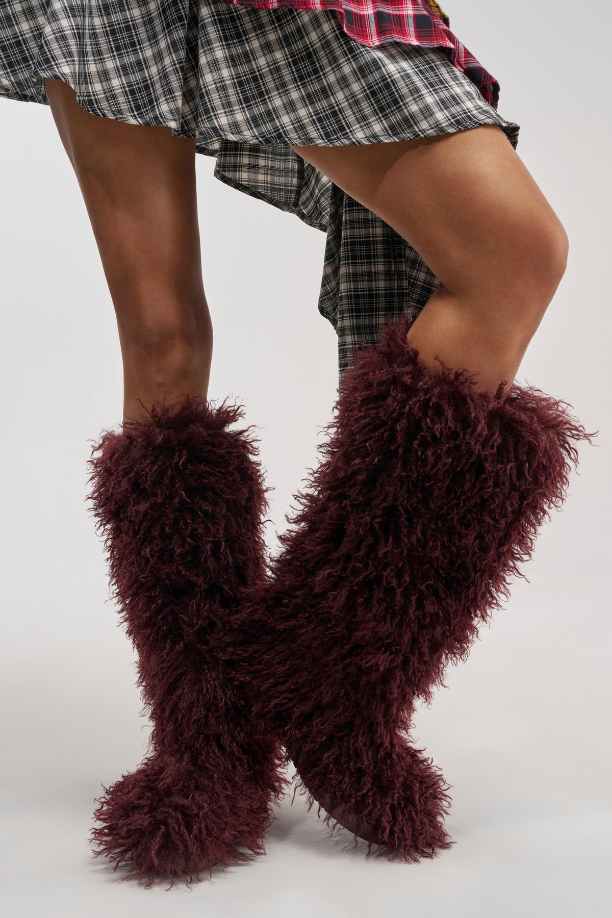 AZALEA WANG DENTON BURGUNDY KNEE HIGH FLAT FUR BOOT