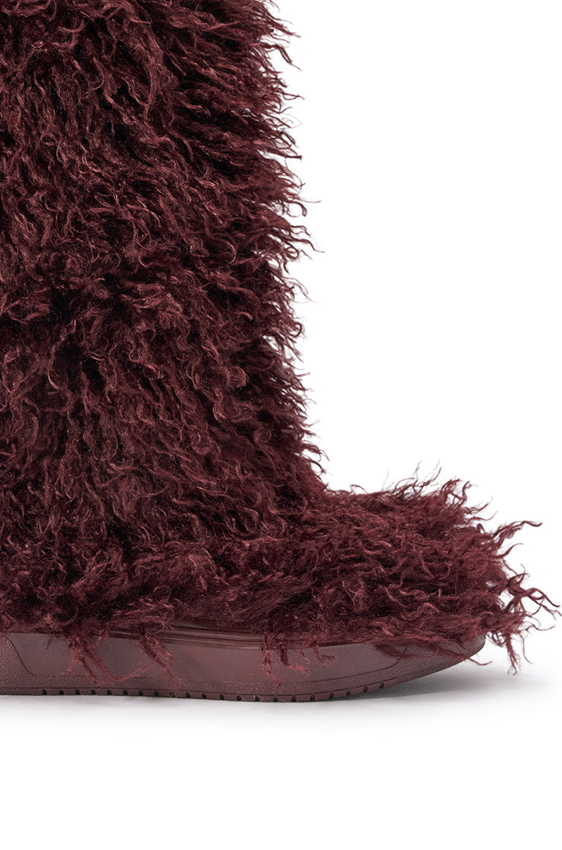 AZALEA WANG DENTON BURGUNDY KNEE HIGH FLAT FUR BOOT