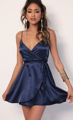 Satin A-Line Wrap Dress in Navy