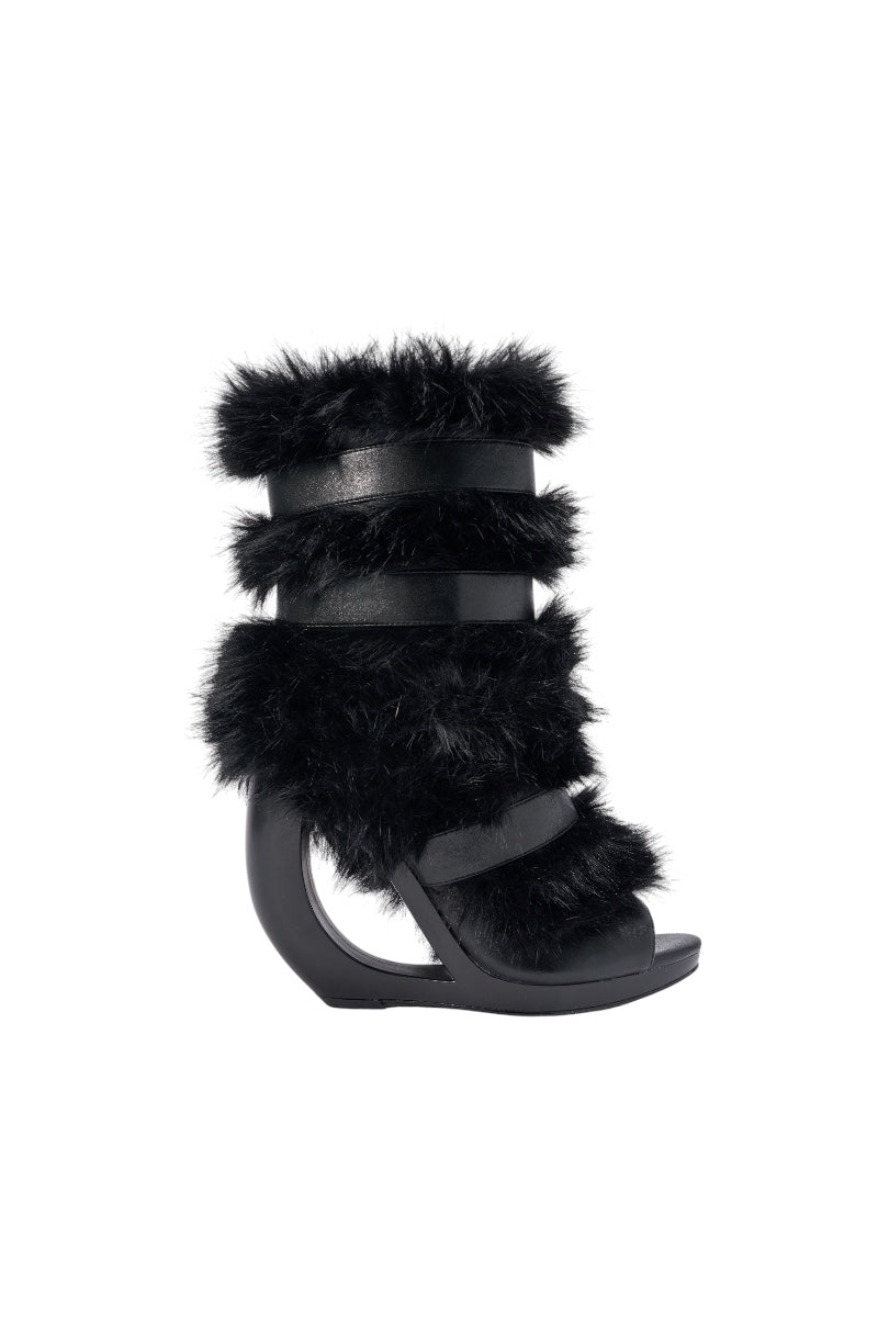 AZALEA WANG ELIANA BLACK FUR OPEN TOE WEDGE BOOTIE