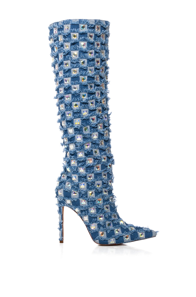 AZALEA WANG EVE DENIM KNEE HIGH EMBELLISHED BOOT