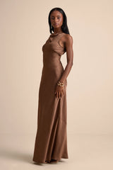 Alisha Brown Crinkle Satin Backless Maxi Dress