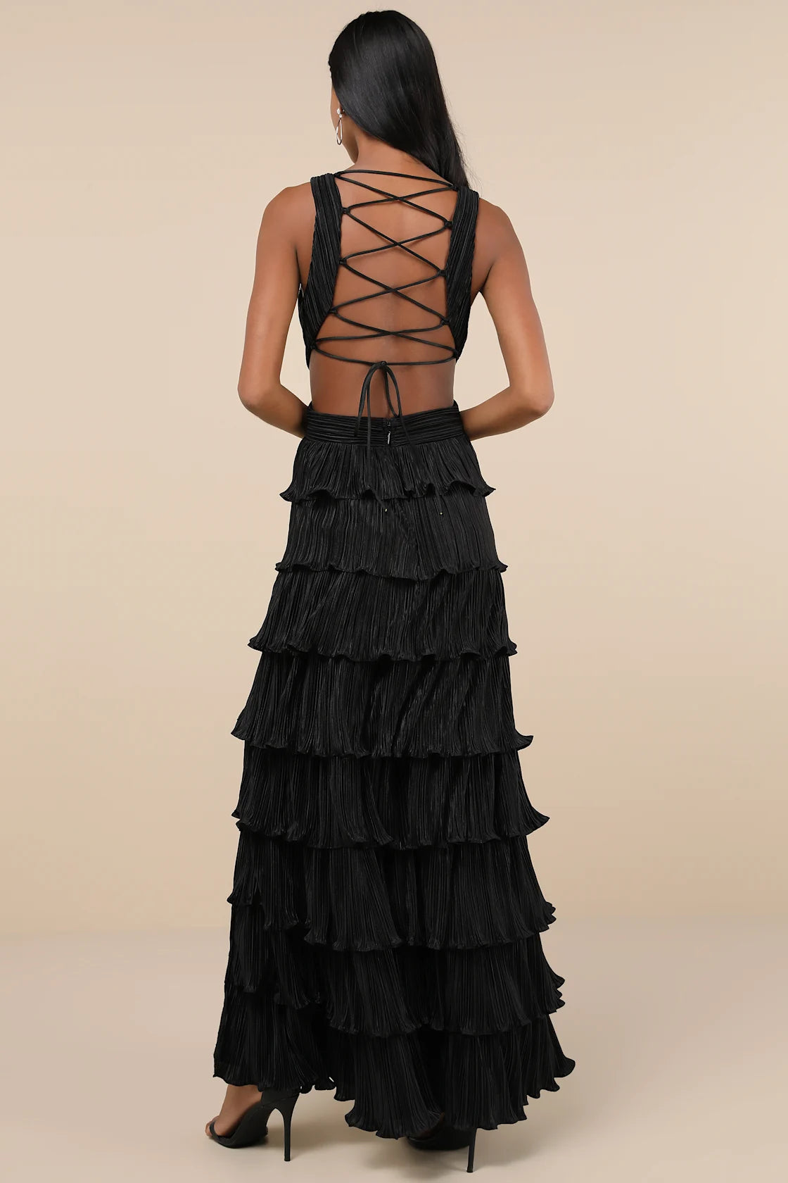 Beauty Icon Gold Satin Pleated Tiered Lace-Up Maxi Dress