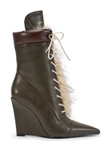 AZALEA WANG FERELITH OLIVE PU WEDGE FUR EMBELLISHED BOOTIE