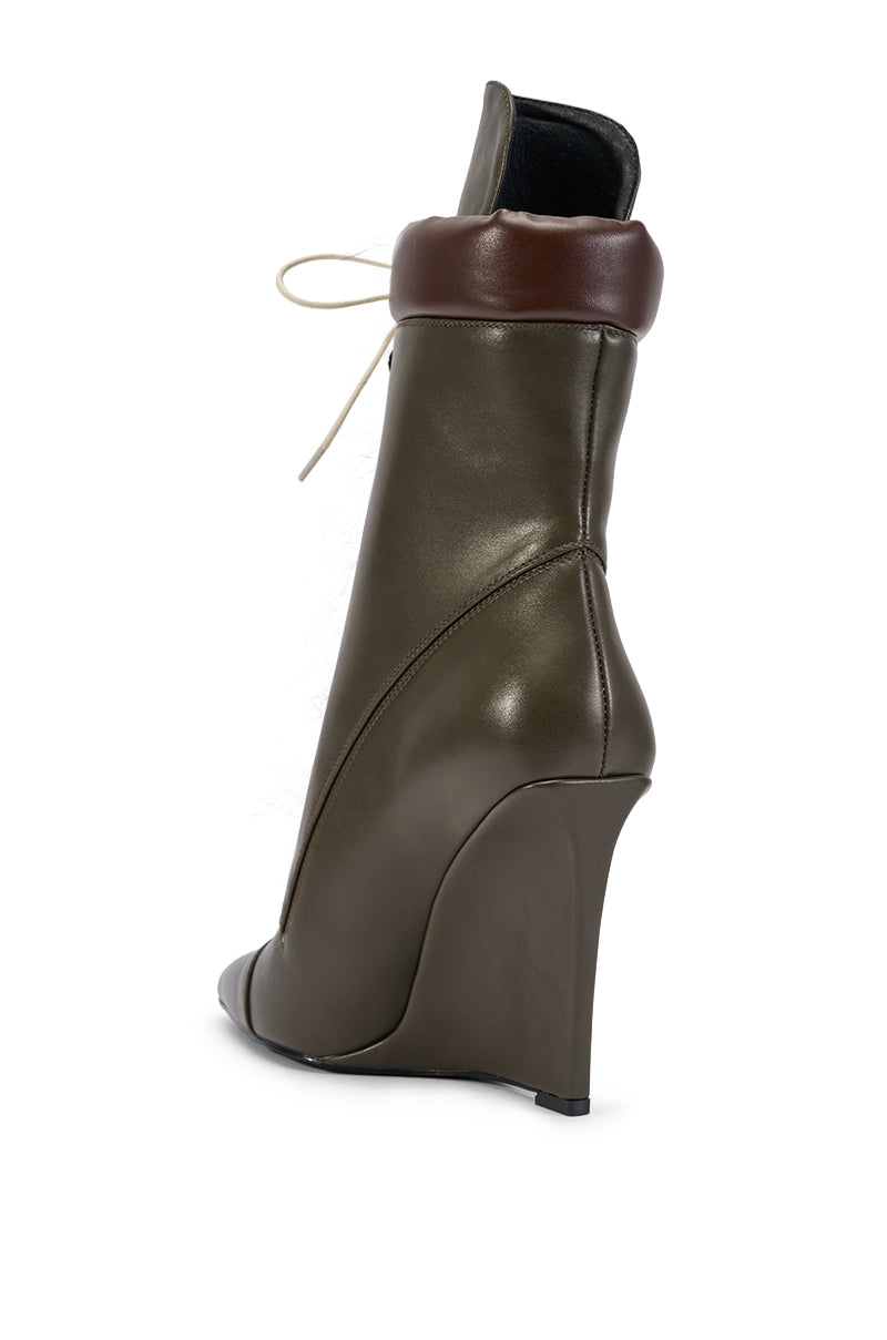 AZALEA WANG FERELITH OLIVE PU WEDGE FUR EMBELLISHED BOOTIE