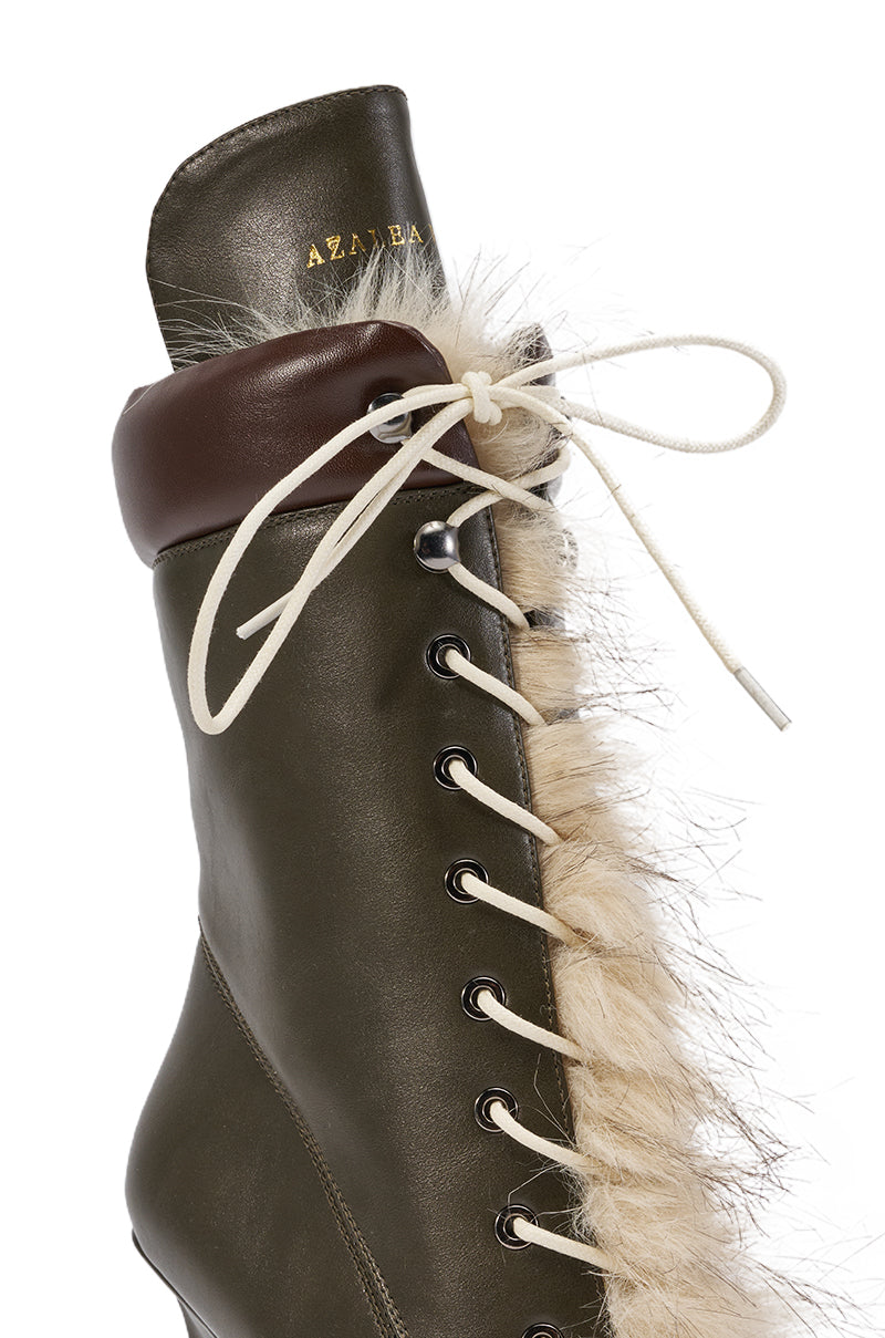 AZALEA WANG FERELITH OLIVE PU WEDGE FUR EMBELLISHED BOOTIE