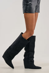 AZALEA WANG FRANCES BLACK FAUX SUEDE HIDDEN WEDGE BOOT