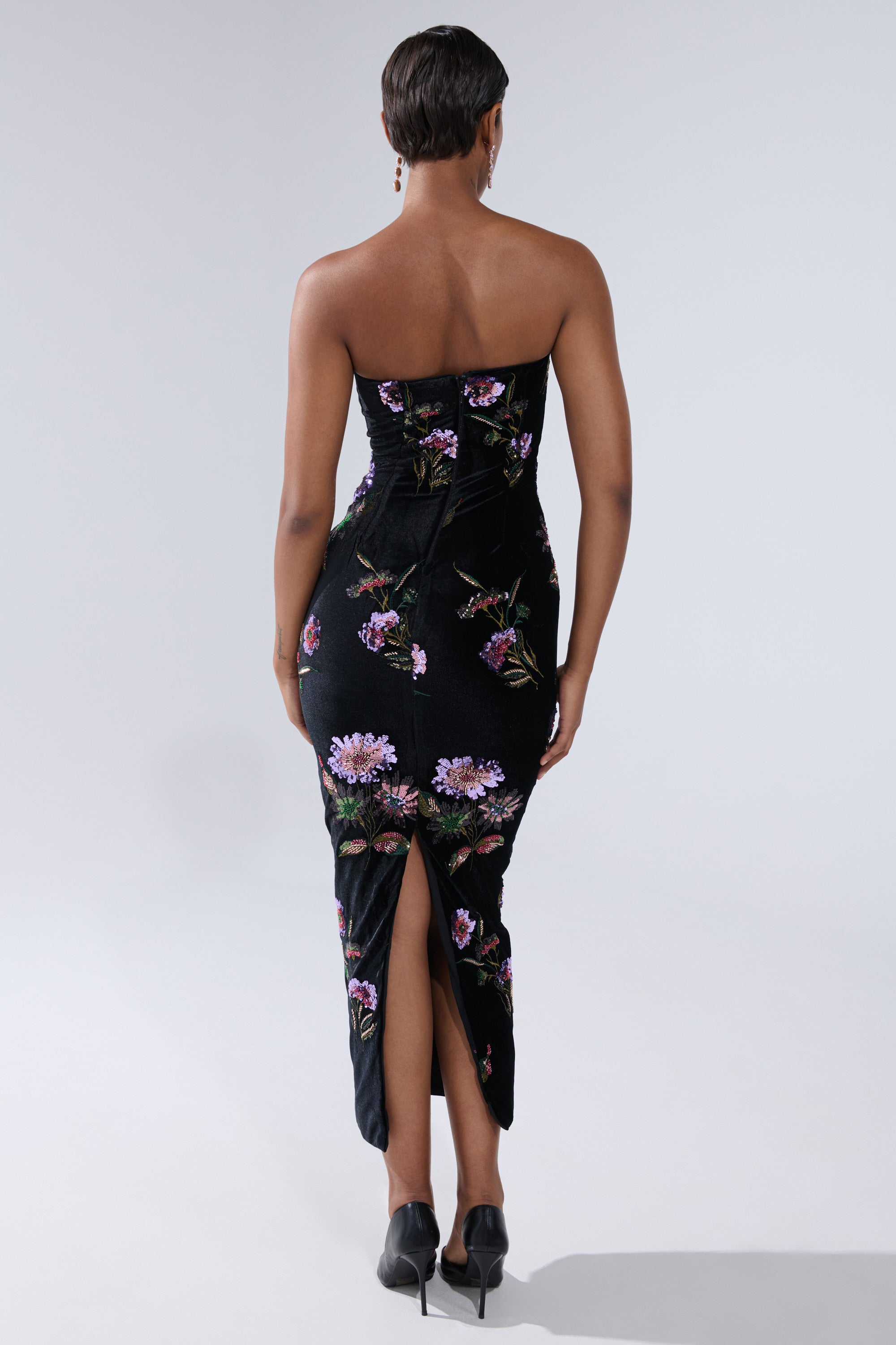 LUNA BEADED FLORAL VELVET MIDI DRESS