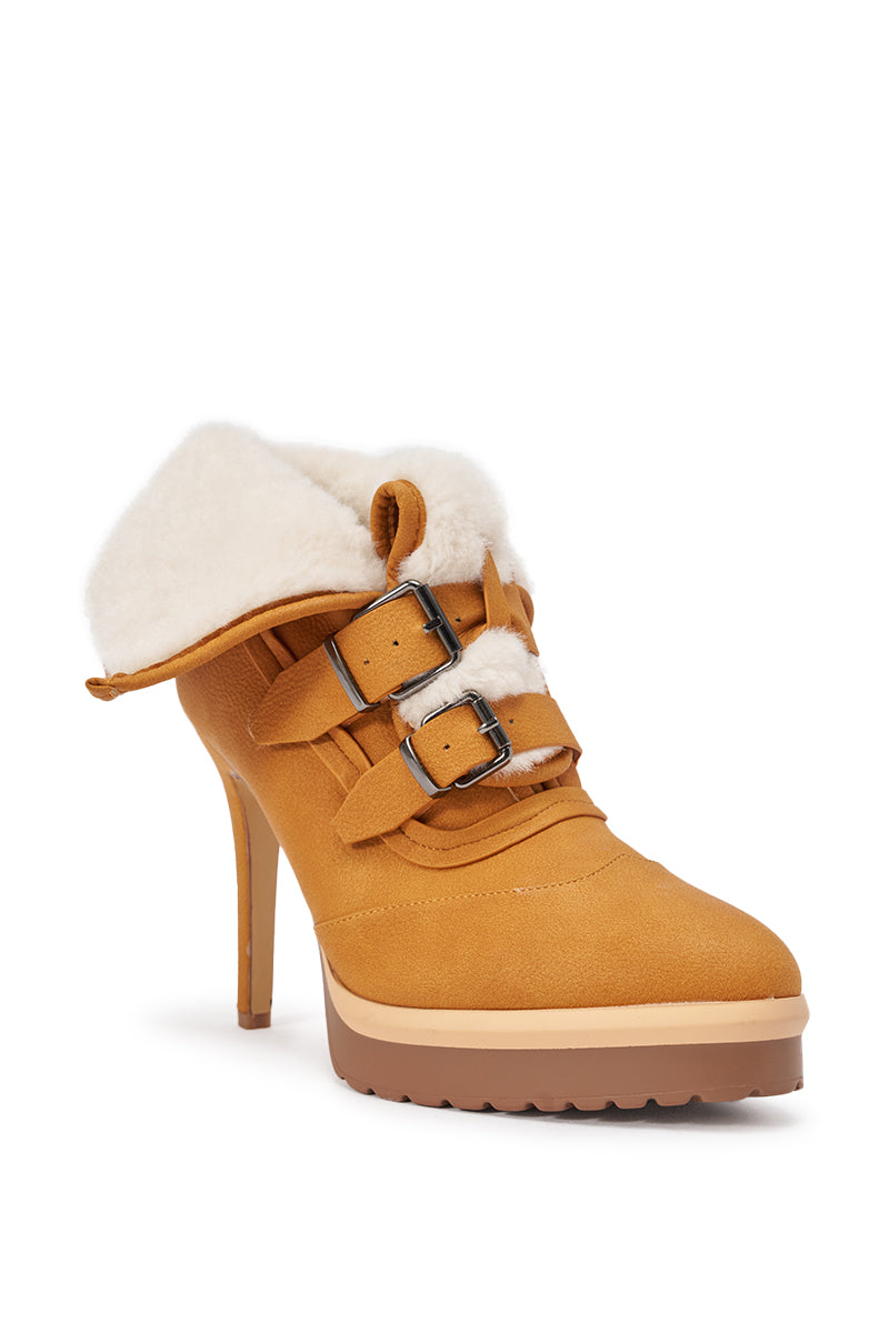 AKIRA GOLD GUST TAN SHERPA LINED STILETTO BOOTIE