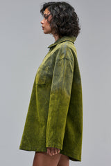 COOL GIRL OVERSIZED VELVET DENIM SHIRT DRESS IN GREEN