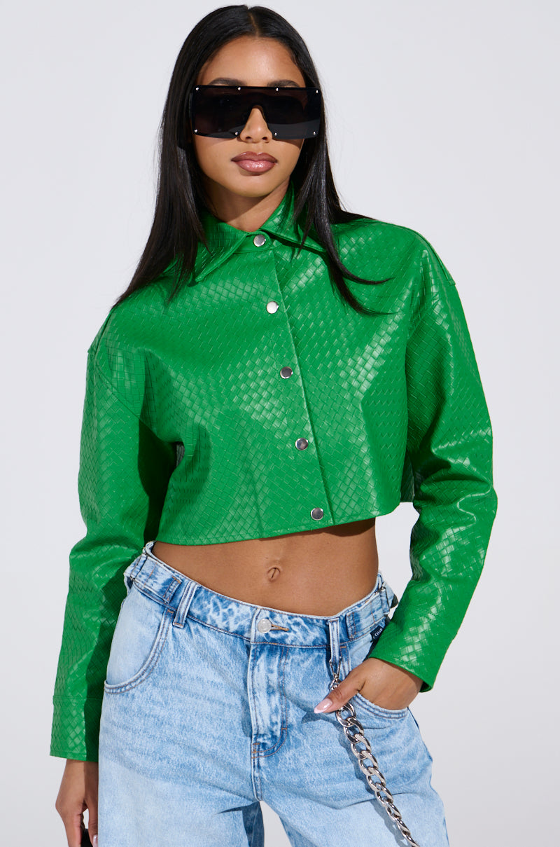 TOO EXPENSIVE FOR YOU WOVEN PU CROPPED BUTTON UP SHIRT